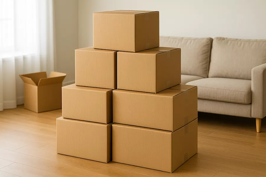“Staplade flyttkartonger i vardagsrum – symboliserar förberedelser inför packning med fokus på organisering, struktur och effektiv flyttplanering”